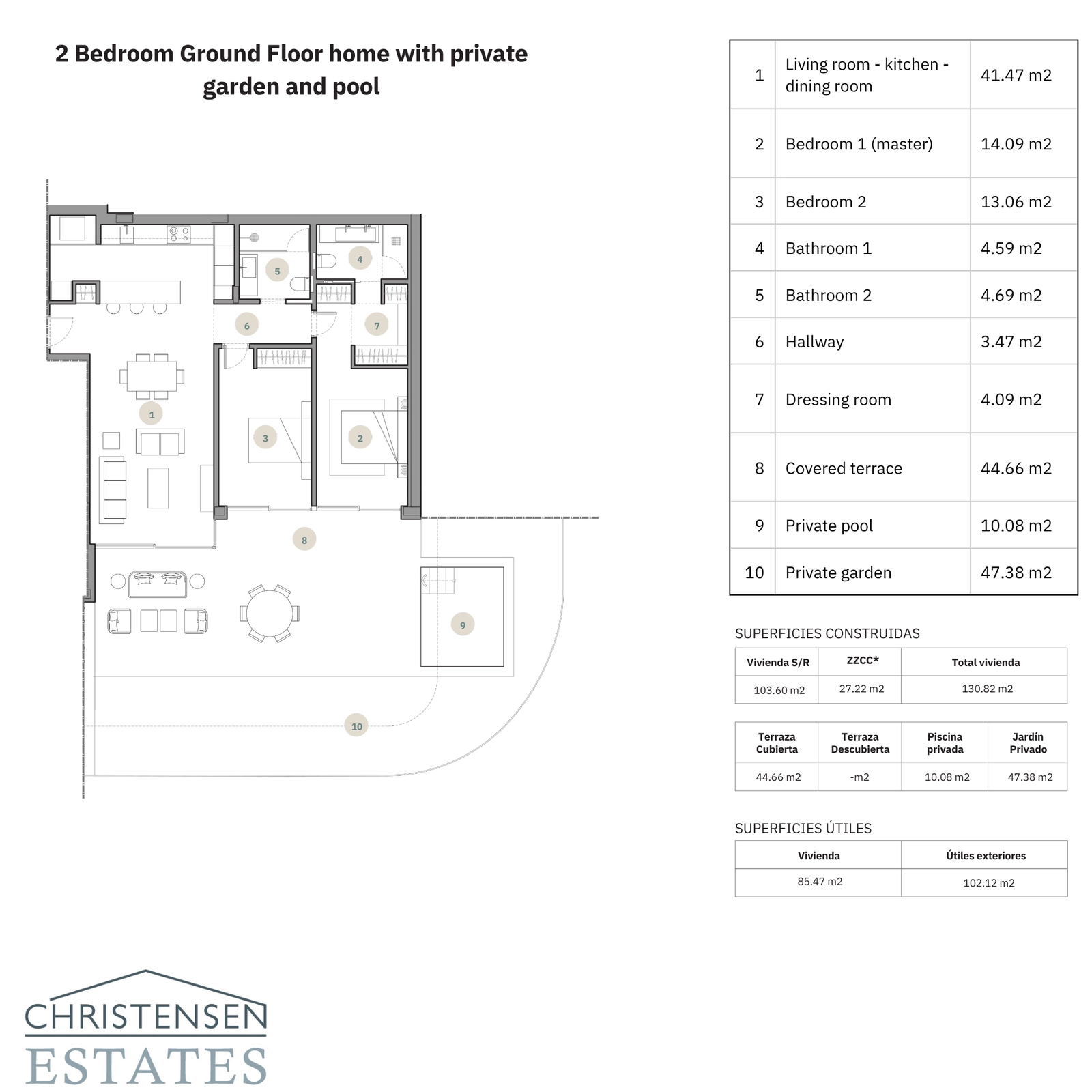 Una espaciosa planta baja de dos dormitorios, con un generoso jardín privado y piscina.