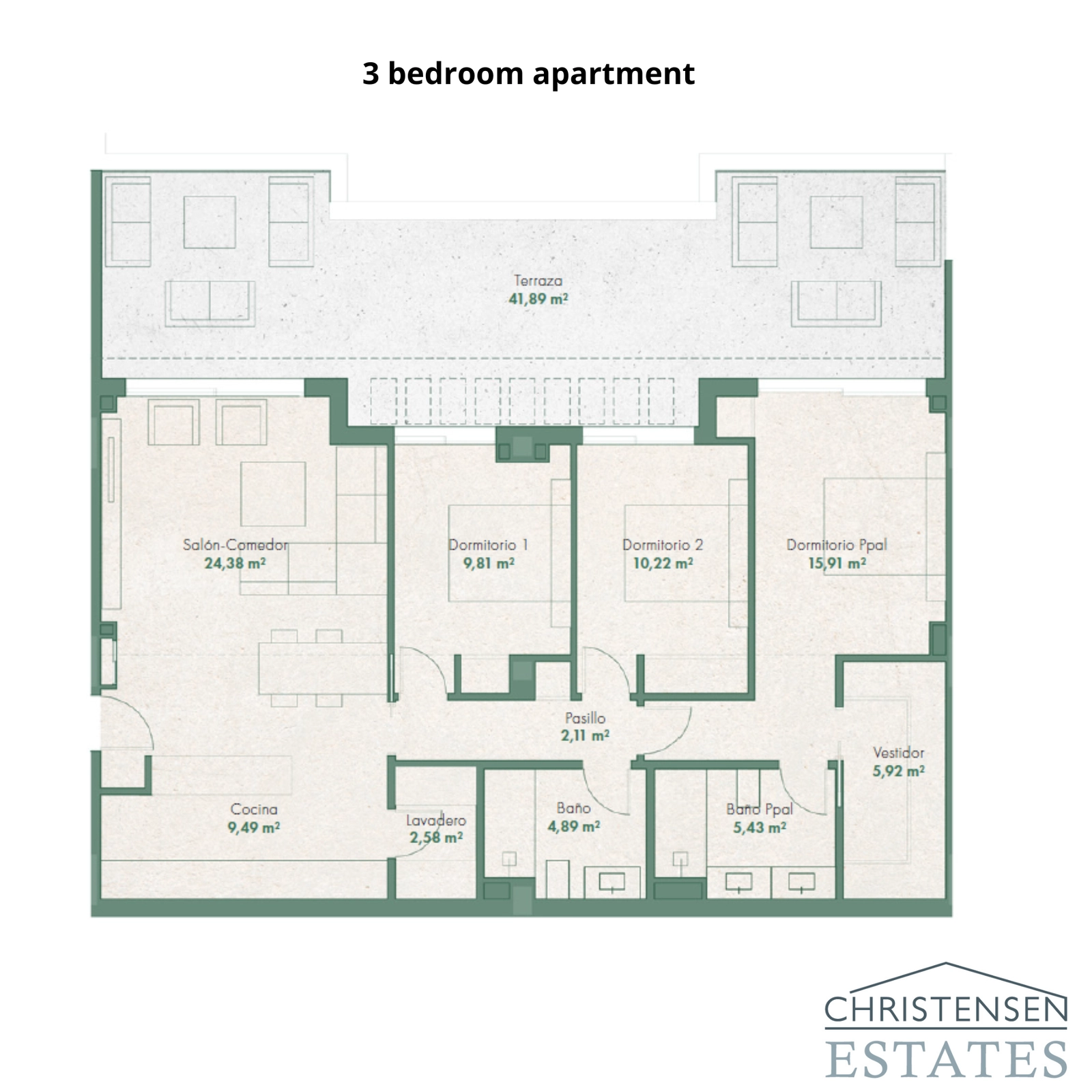 Esta distribución de tres dormitorios ofrece un generoso espacio habitable, conectando a la perfección con una gran terraza para una vida ideal tanto interior como exterior.