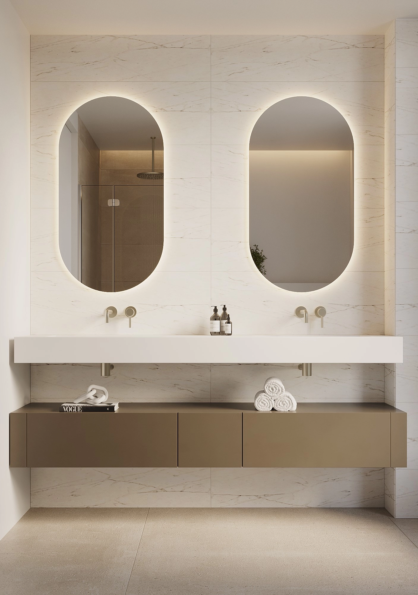 Un elegante baño principal con accesorios de primera calidad y un diseño moderno.