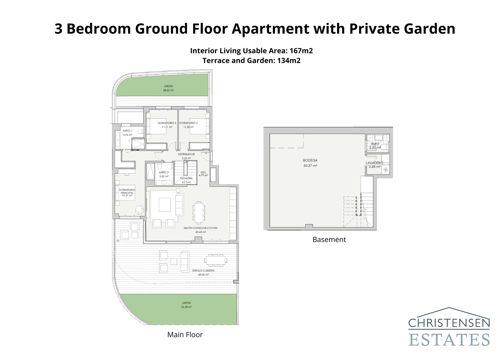 Plano de un piso de tres dormitorios en planta baja, con un generoso espacio interior, una gran terraza, jardín privado y un versátil nivel de sótano.