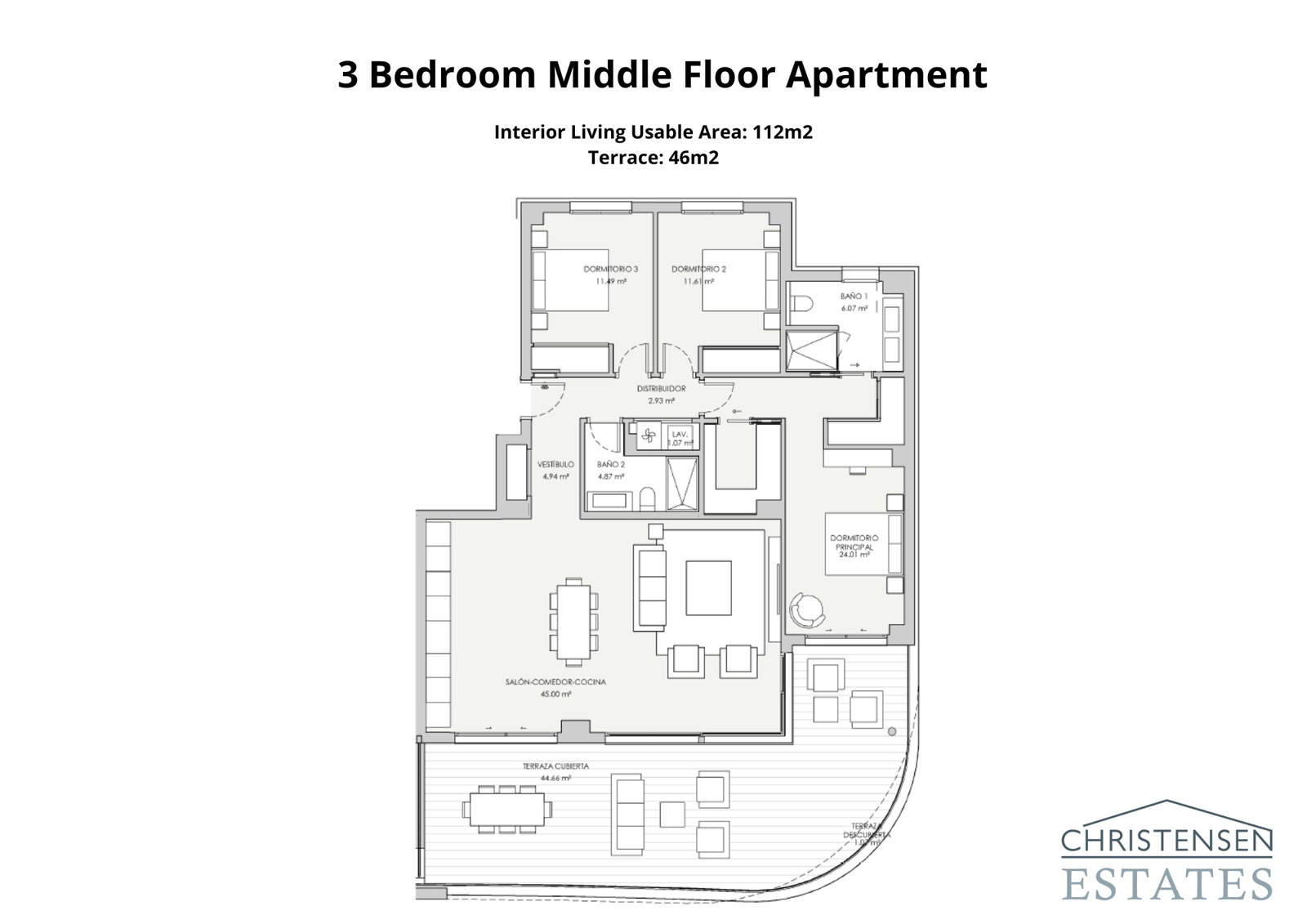 La distribución de un apartamento de tres dormitorios, diseñado con una zona de estar de planta abierta que fluye hacia una amplia terraza cubierta para una óptima vida interior-exterior.