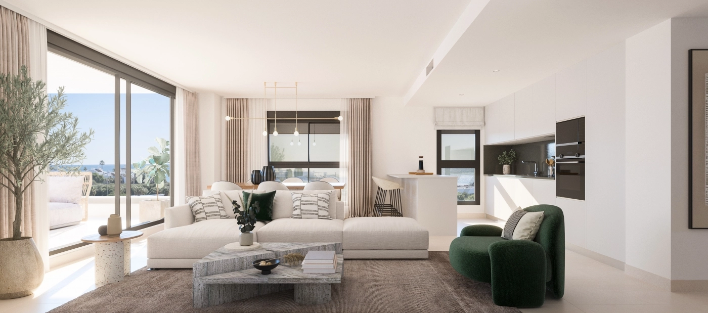 Los amplios interiores fluyen sin interrupciones desde el salón a la terraza, perfectos para disfrutar de las vistas.