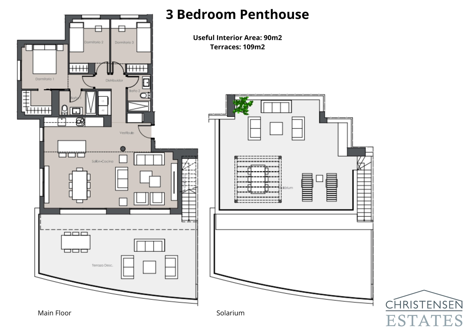 El ático de tres dormitorios ofrece generosos espacios de vida, una gran terraza y un impresionante solárium en la azotea con vistas increíbles.