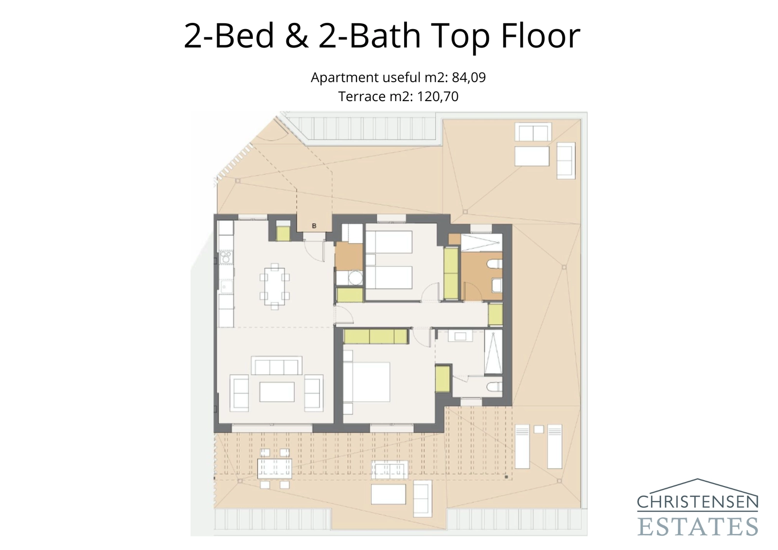 Ático de dos dormitorios con una extensa terraza, que ofrece privacidad y magníficas vistas.