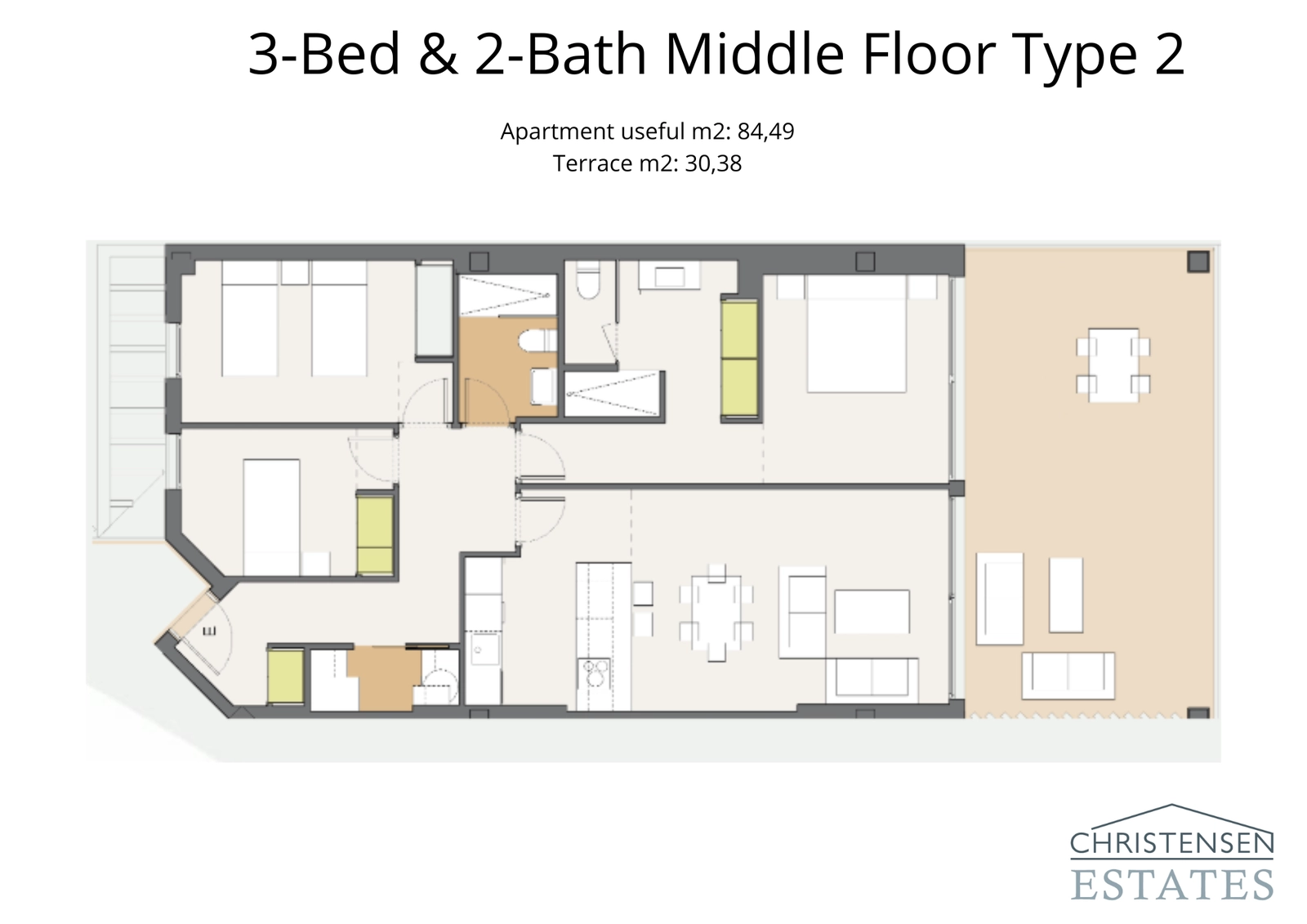Distribución alternativa de tres dormitorios que ofrece una inteligente distribución del espacio y una gran terraza privada.