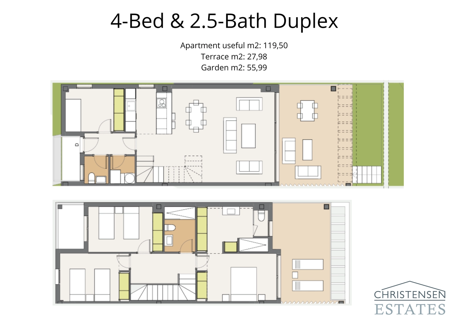 Planta dúplex de cuatro dormitorios, que ofrece dos niveles de sofisticado espacio habitable con un jardín privado.