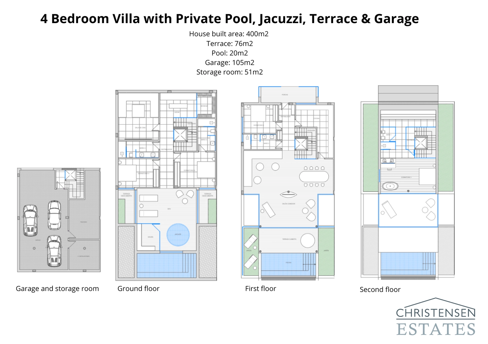 Distribución del magnífico chalet de cuatro dormitorios de 400 m², mostrando el espacioso diseño de varios niveles, garaje, piscina privada y amplias terrazas.