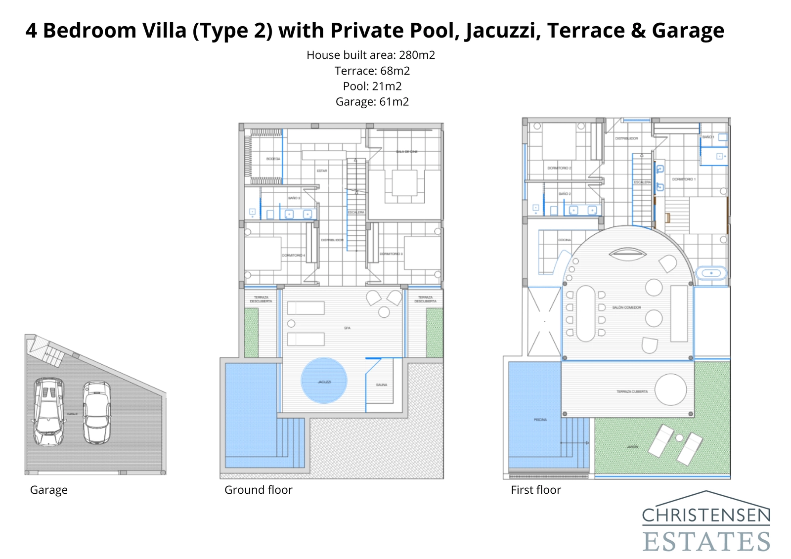 Plano de un chalet de cuatro dormitorios de 280 m², detallando la inteligente distribución del espacio en dos plantas para maximizar el confort y las vistas.