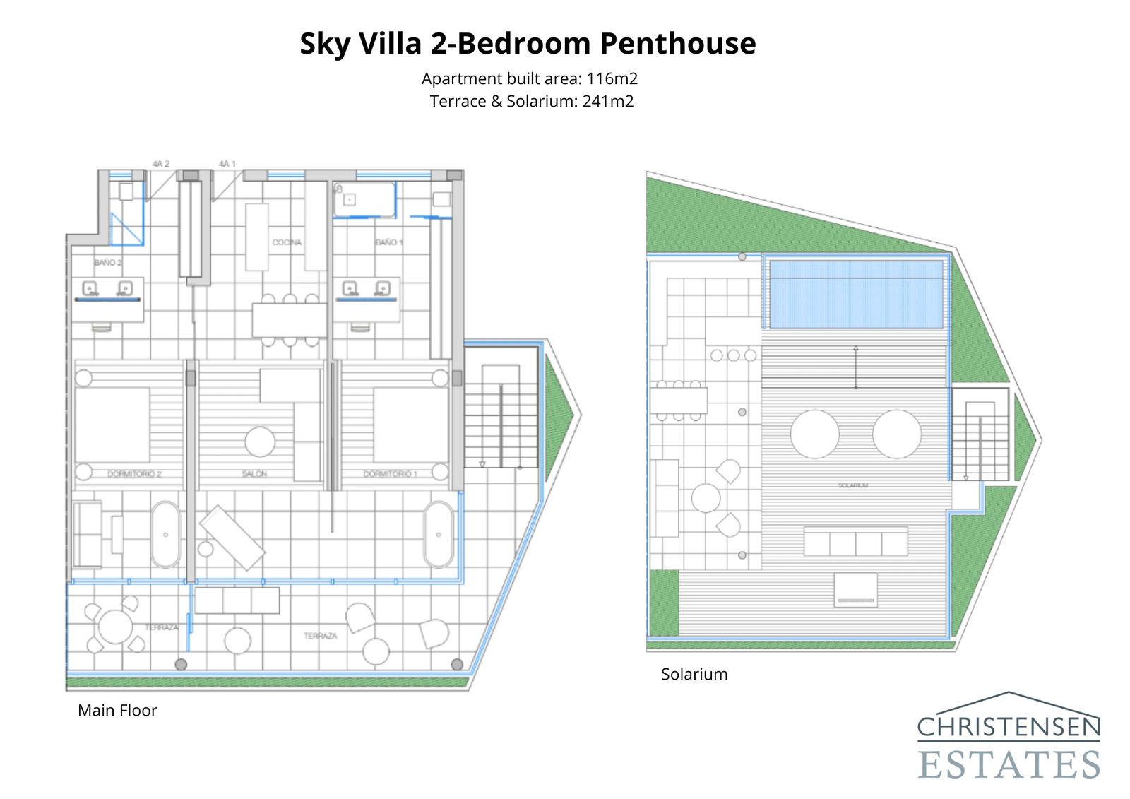 Descubra la distribución del Sky Villa, un ático de dos dormitorios con una generosa planta principal y un espectacular solárium privado con piscina.