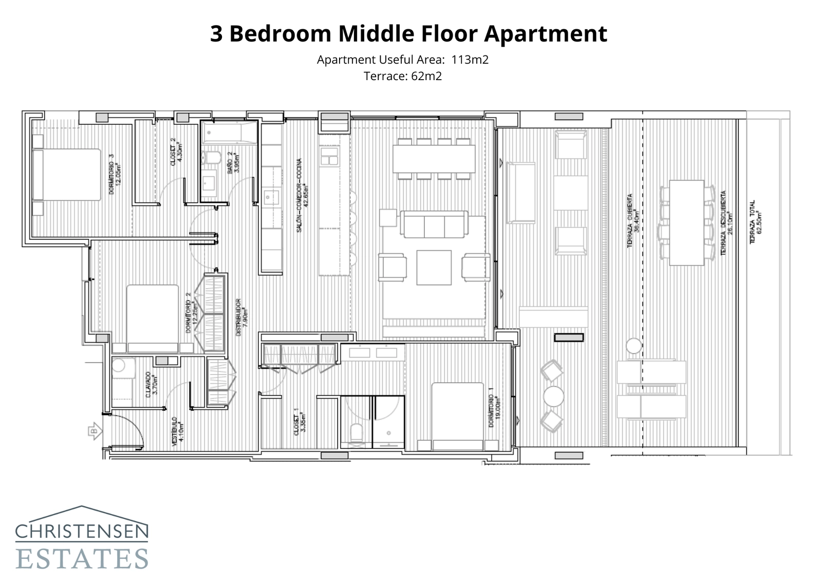 Este plano de apartamento de tres dormitorios destaca una distribución inteligente que maximiza el espacio, la luz y las impresionantes vistas al mar desde la terraza.