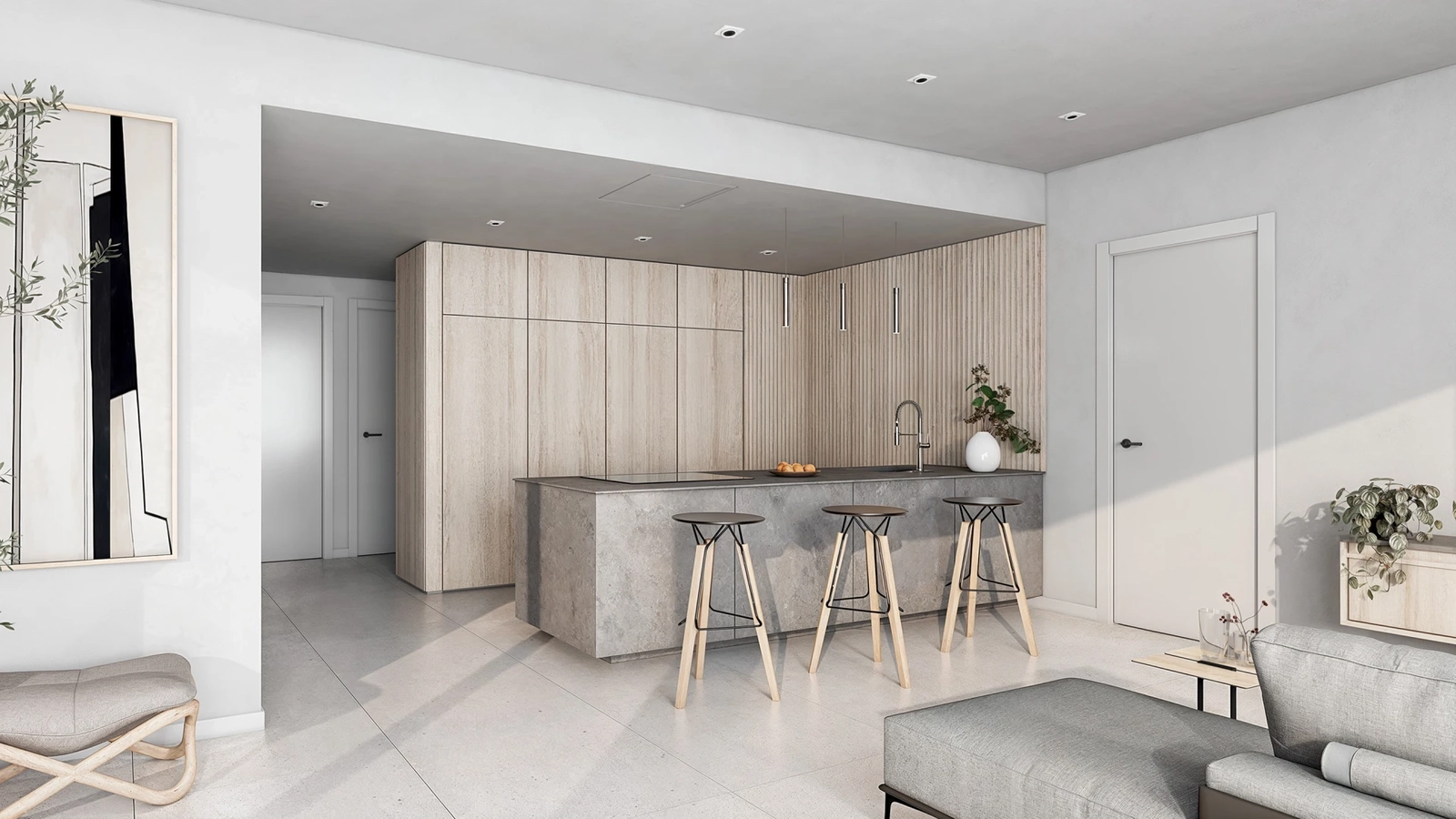 Una cocina contemporánea, totalmente equipada con electrodomésticos y acabados de alta calidad.