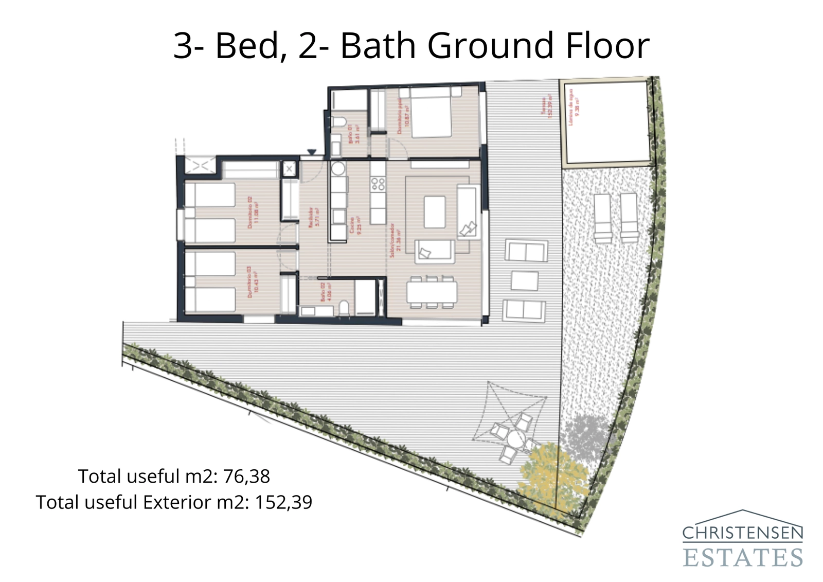 Una espaciosa distribución de tres dormitorios en planta baja con un generoso espacio interior conectado a un gran jardín privado y terraza.