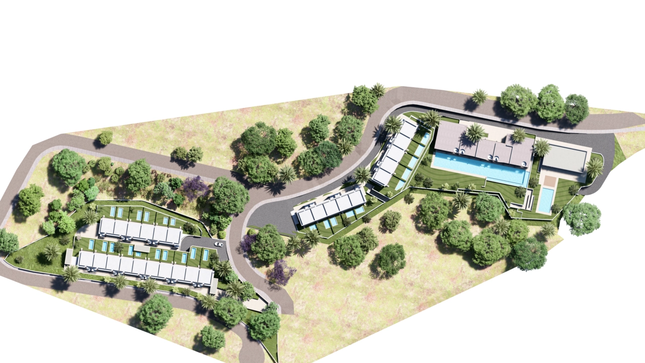 Un plan maestro completo que ilustra la cuidada distribución de la urbanización, sus zonas verdes y áreas comunes.
