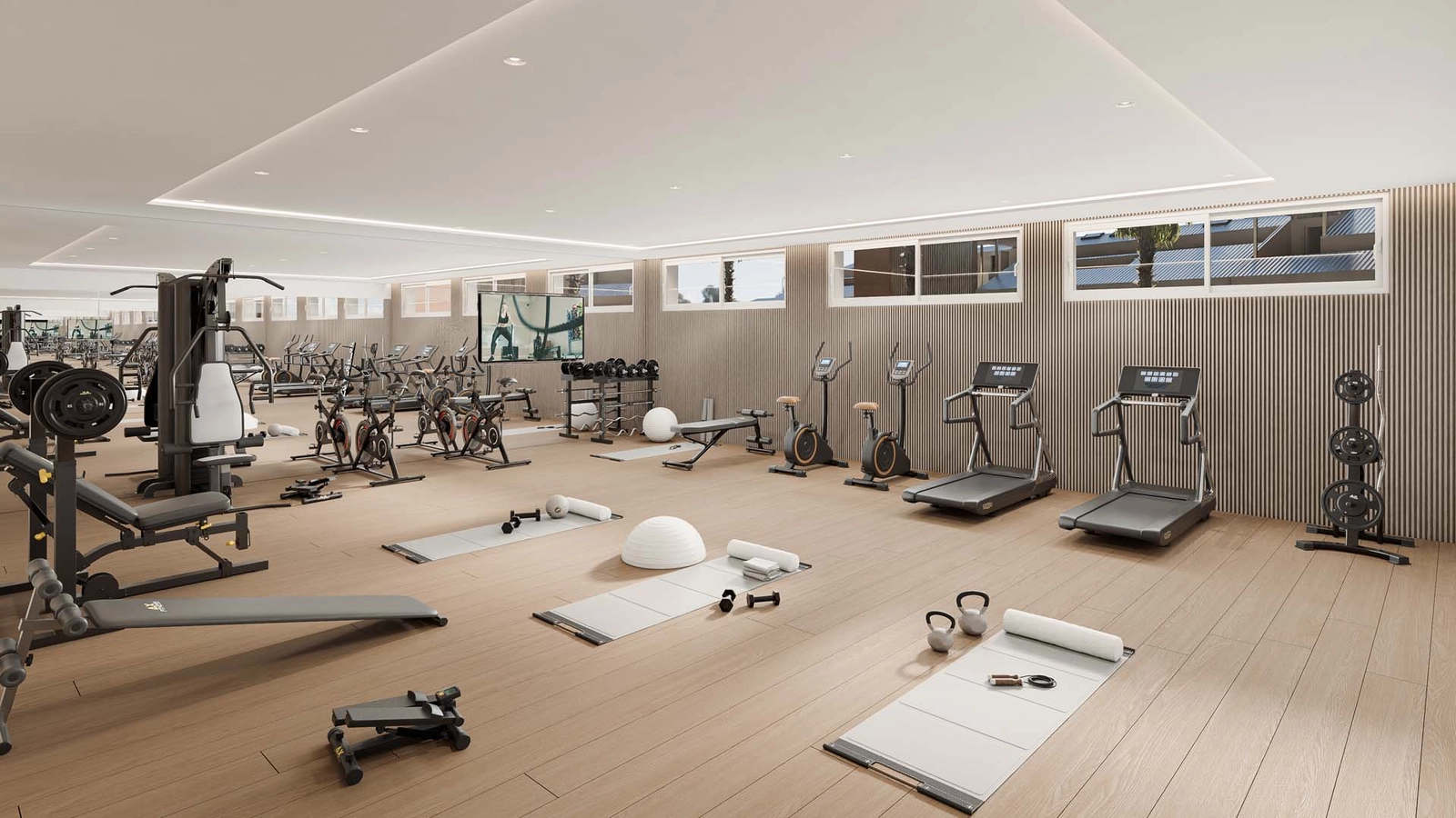 Un gimnasio totalmente equipado y de última generación para el bienestar y la forma física de los residentes.