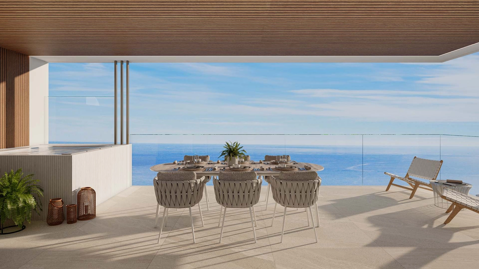 Un espacio ideal para comer al aire libre, donde podrá disfrutar de hermosas vistas al mar.