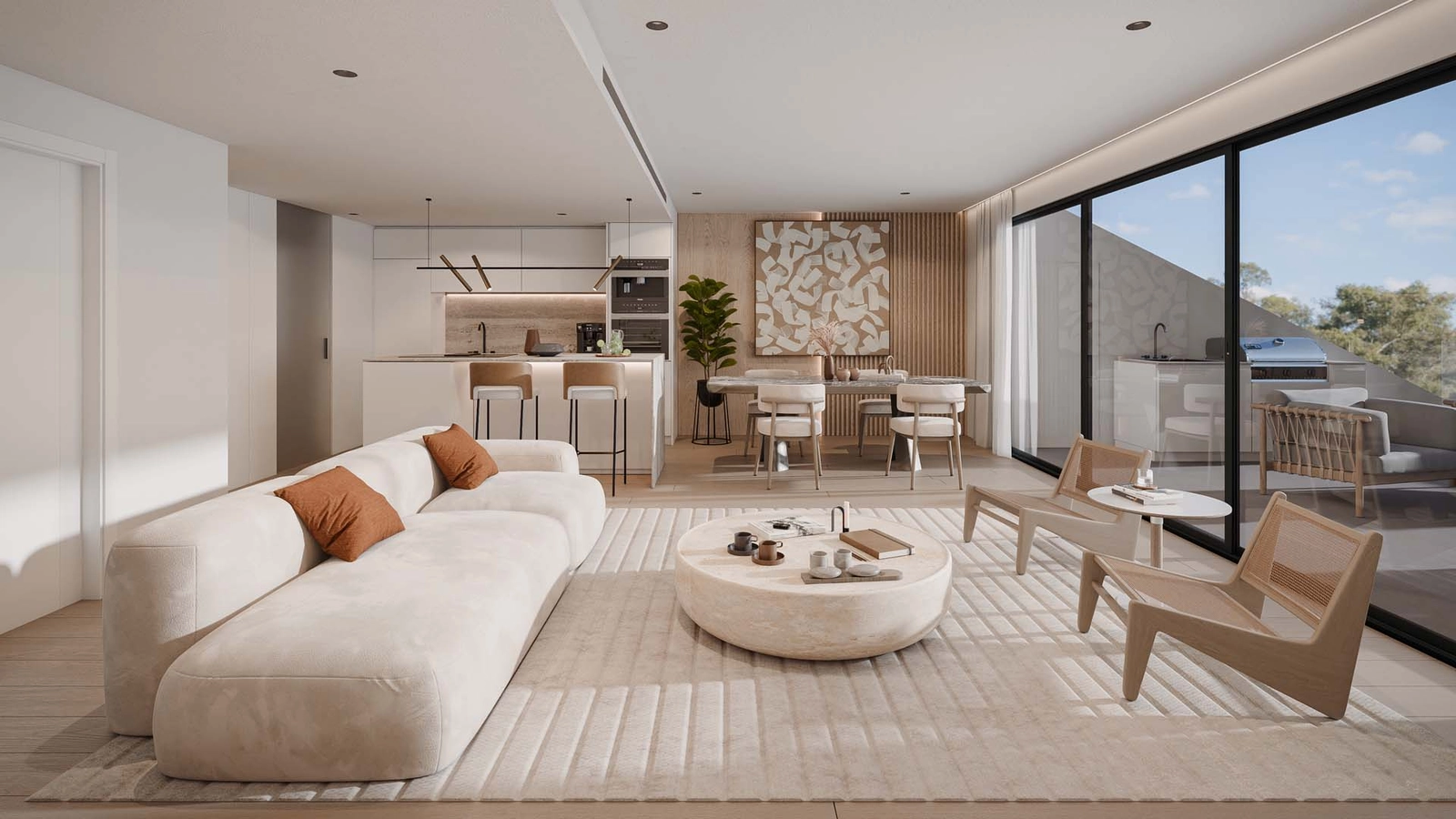 Una elegante zona de salón y comedor de planta abierta, perfecta para la vida moderna.