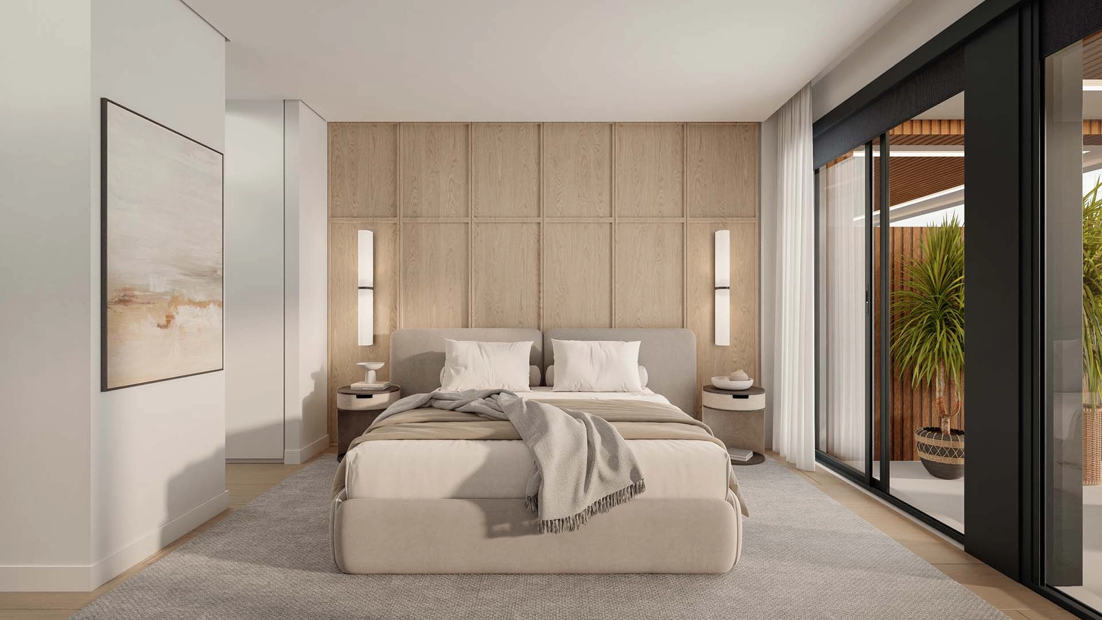 El dormitorio principal ofrece un refugio sereno con un diseño elegante y acceso directo a la terraza.
