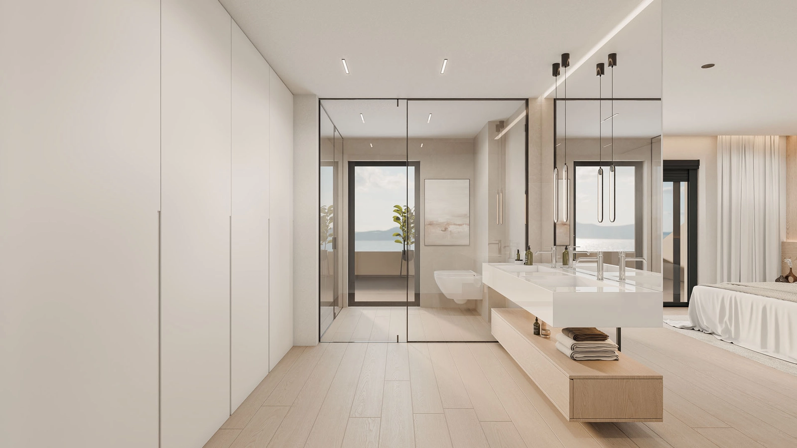 Un lujoso baño en suite donde las líneas limpias y la luz natural crean una atmósfera de spa.