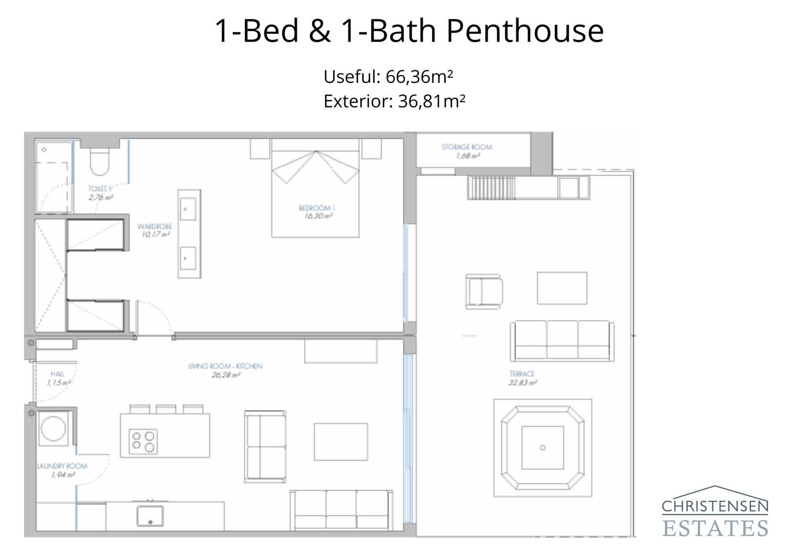 Este plano de ático de un dormitorio ofrece un uso inteligente del espacio, conectando la zona de estar con una amplia terraza que incluye un jacuzzi privado.