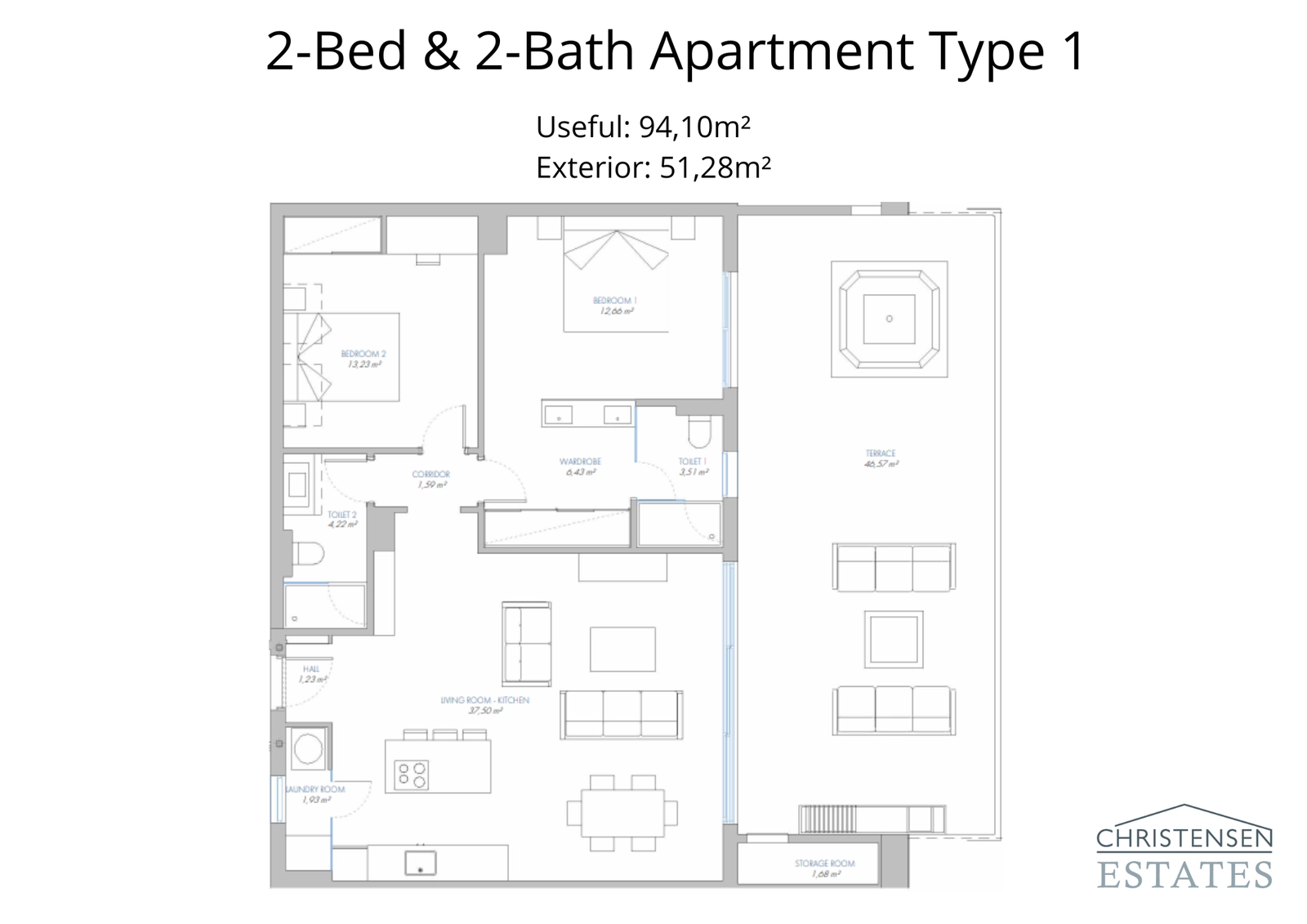 Un amplio plano de apartamento de dos dormitorios diseñado para el confort, que incluye una generosa terraza que amplía el espacio habitable al exterior.