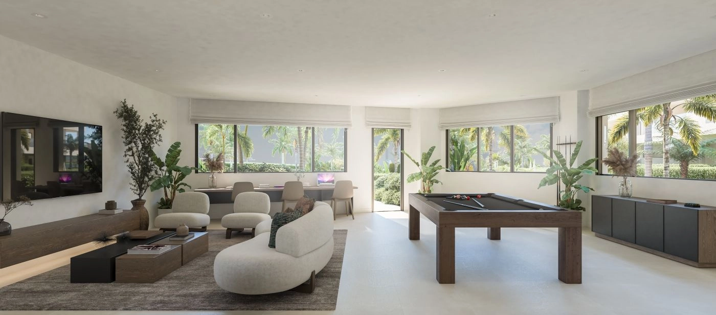 El salón de residentes, un espacio versátil perfecto para el co-working, reuniones o encuentros sociales.