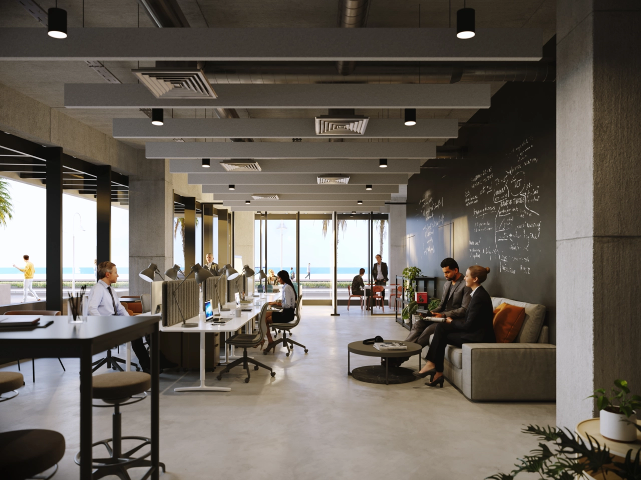 Un moderno espacio de co-working para que los residentes trabajen o se reúnan cómodamente.