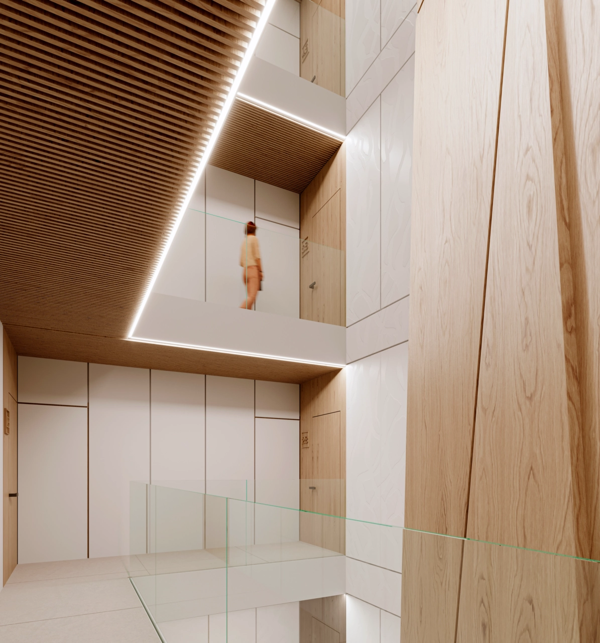 El atrio del edificio cuenta con hermosa madera y luz natural.