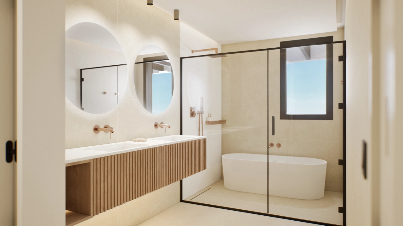 Elegantes cuartos de baño con materiales premium y sofisticados detalles de diseño.