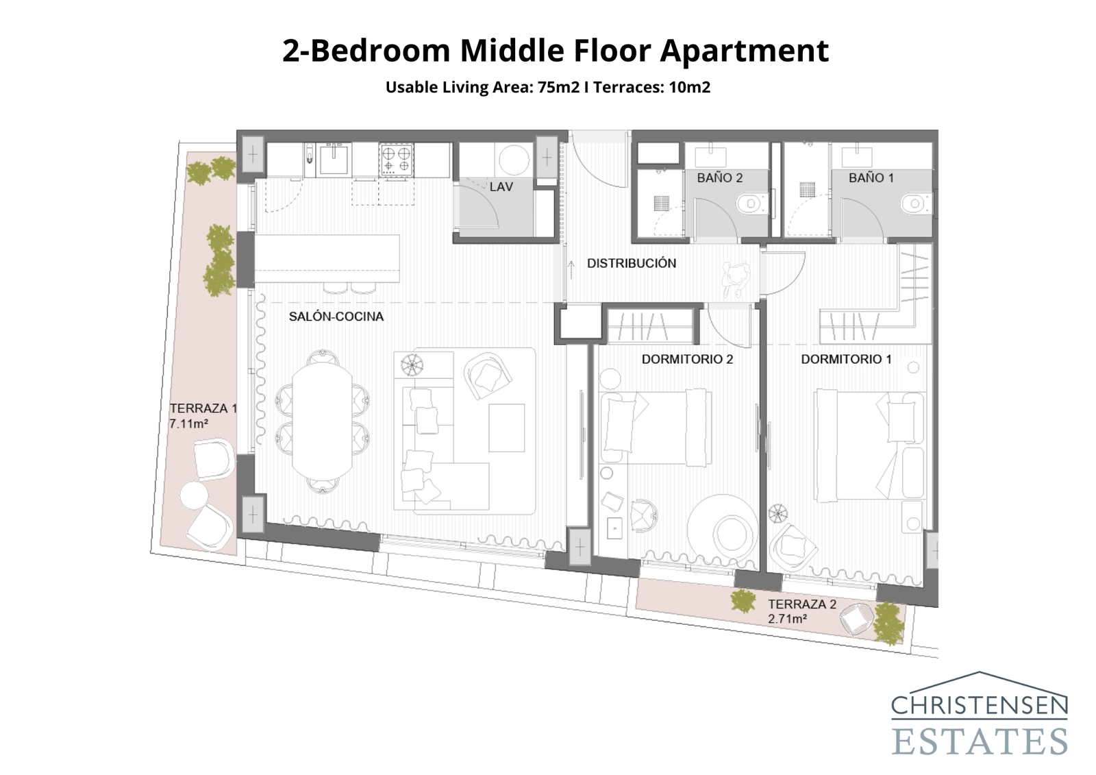 Este diseño de dos dormitorios ofrece una zona de estar abierta y dos terrazas, ideal para disfrutar del clima costero.