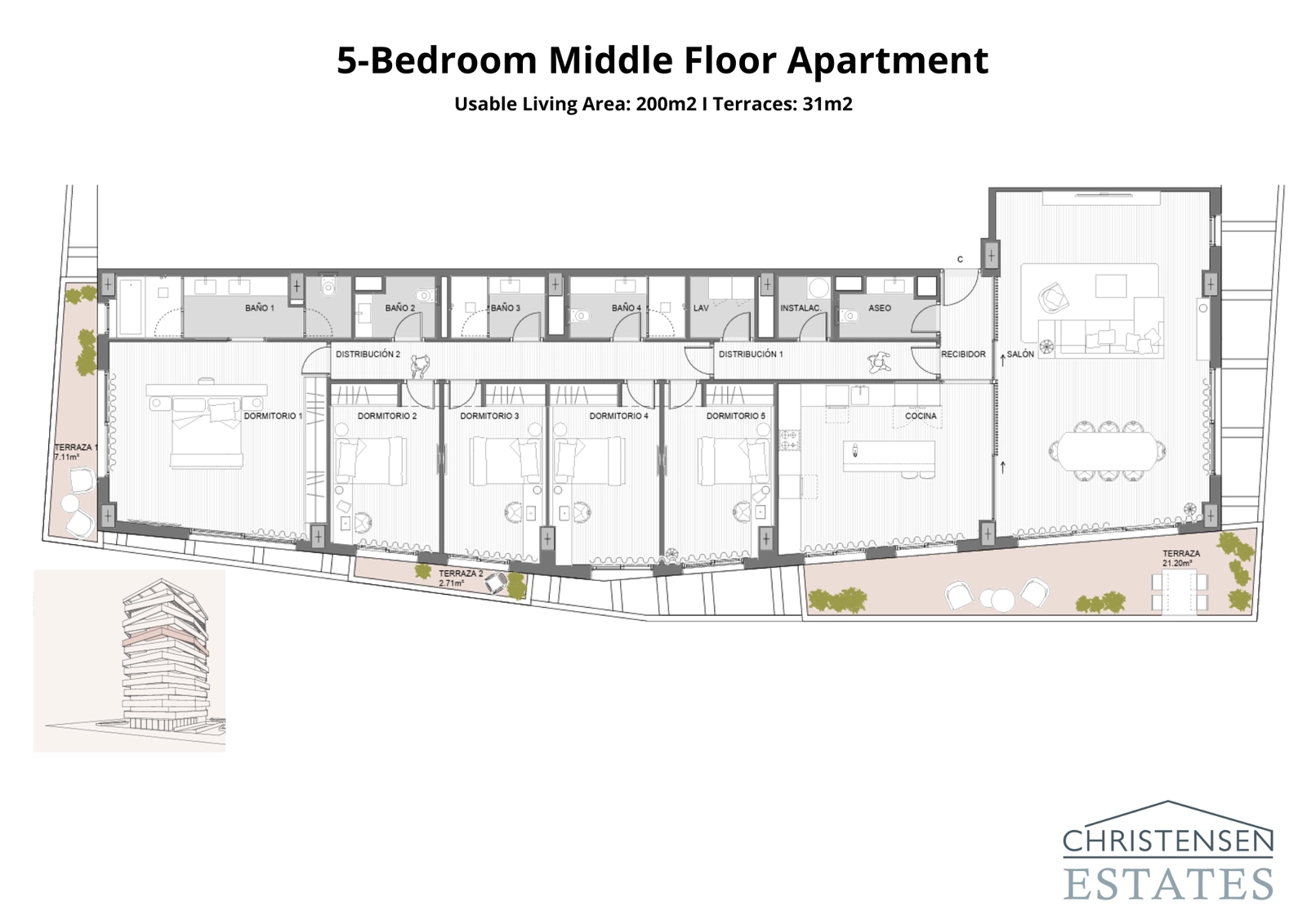 Esta amplia residencia de cinco dormitorios ofrece un espacio extenso y una distribución bien pensada para el máximo confort y privacidad.