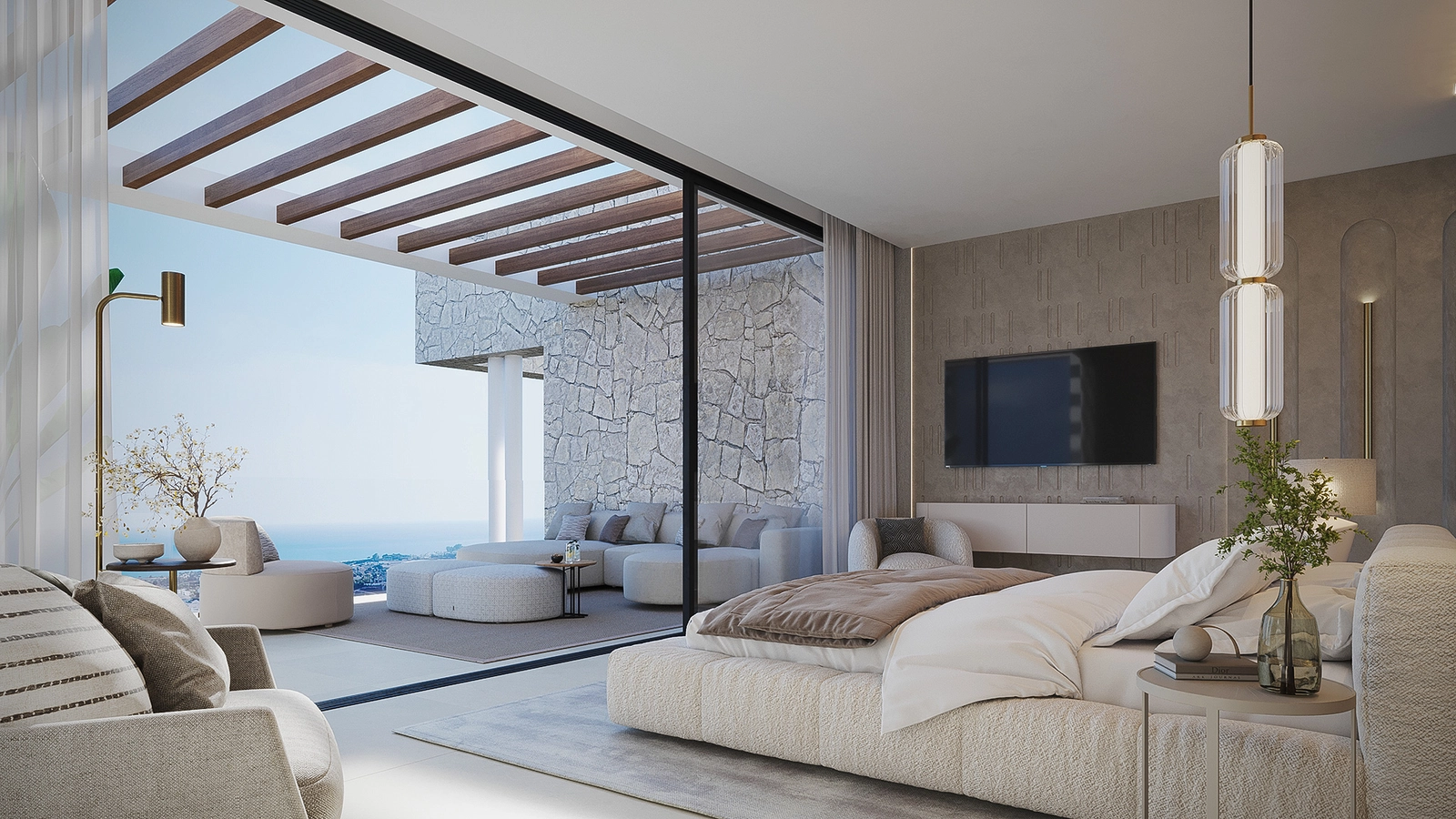 La suite del dormitorio principal es un santuario de confort, con acceso a una terraza privada con inspiradoras vistas al mar.