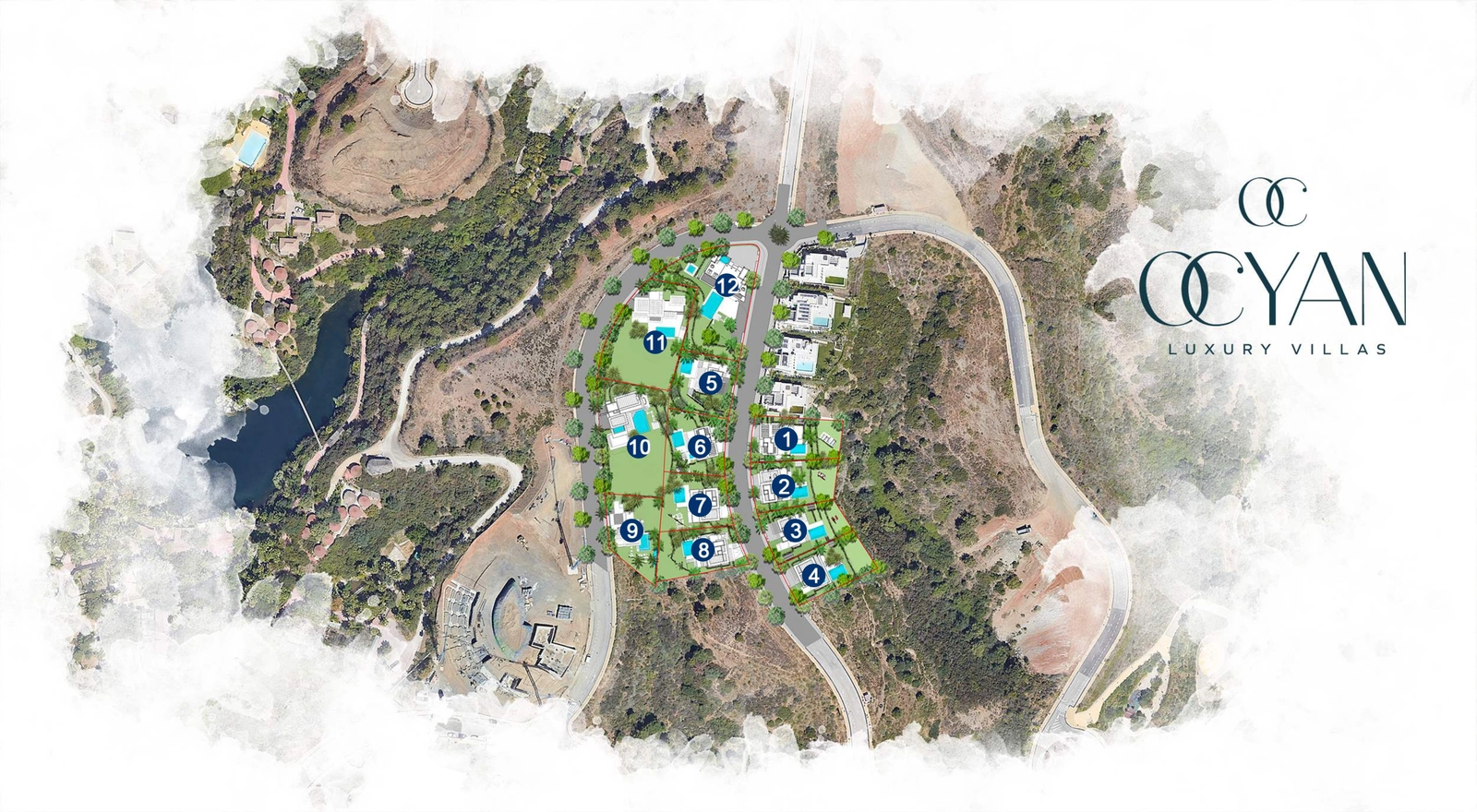 Plano general de la promoción Ocyan Villas, mostrando la distribución exclusiva y el posicionamiento de las 12 propiedades individuales.
