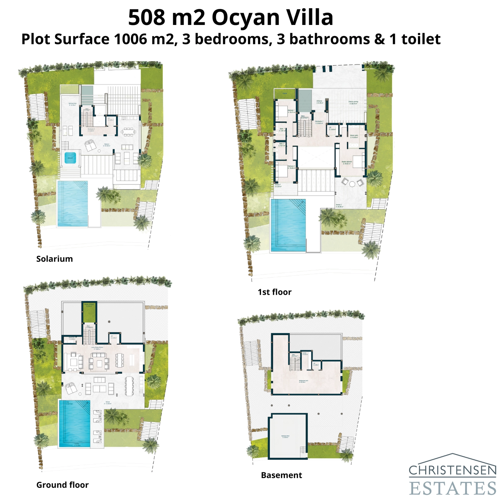 Planos de una villa de 508 m² en una parcela de 1006 m², detallando la distribución en sótano, planta baja, primera planta y solárium.