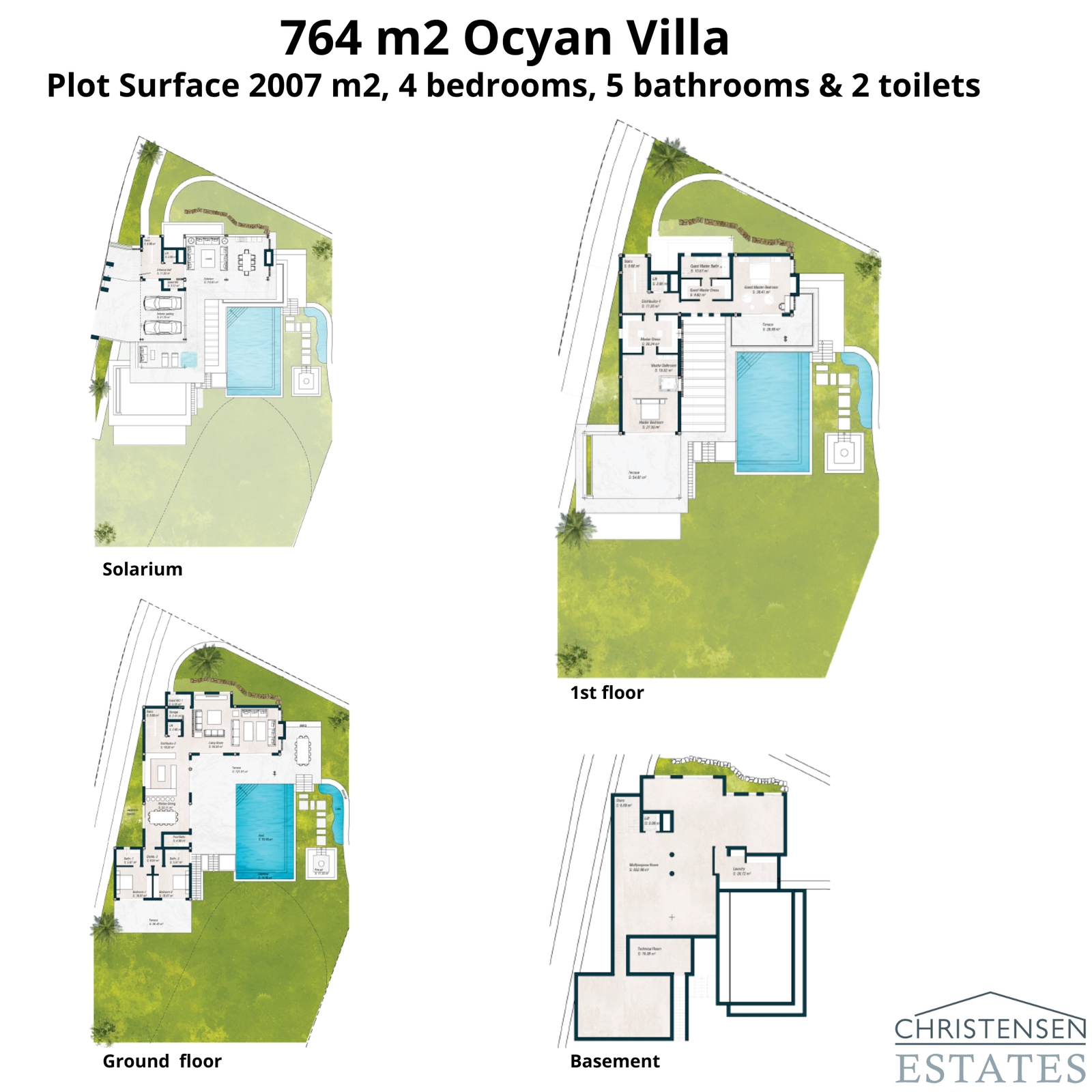 Distribución de una espaciosa villa de 764 m² en una parcela de 2007 m². Estos planos ilustran la generosa distribución de los espacios habitables y las zonas privadas.