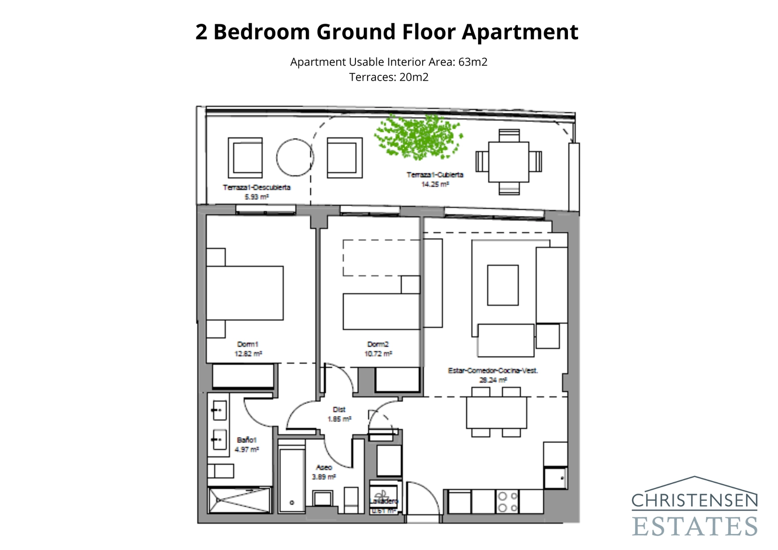 Esta eficiente distribución de piso de dos dormitorios en planta baja incluye una terraza privada para una vida relajada al aire libre.