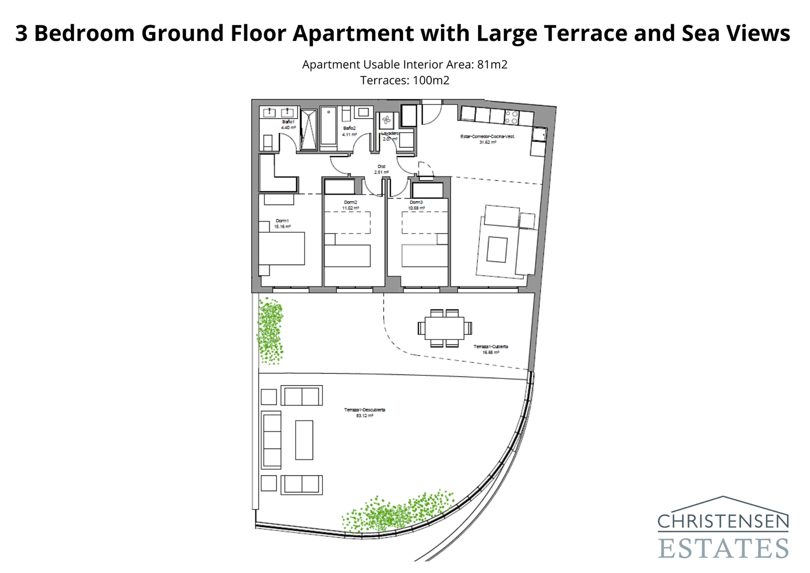Amplia vivienda de tres dormitorios en planta baja con una terraza excepcionalmente grande, perfecta para familias y para el ocio.