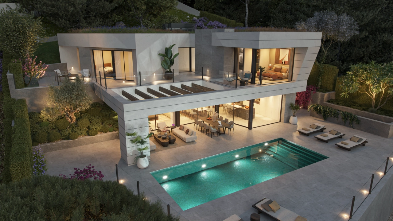 Una vista nocturna de la villa, donde la elegante iluminación crea un ambiente cálido y acogedor.