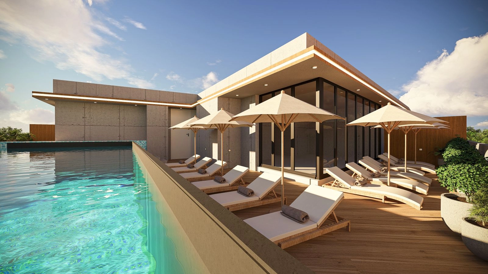 Relájese y desconecte en la impresionante piscina Sky Pool en la azotea, un espacio sereno suspendido entre el cielo y la ciudad.