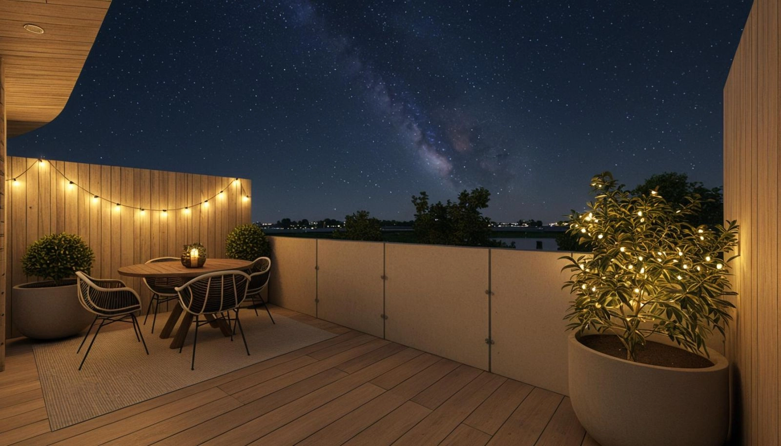 Disfrute de noches mágicas en su terraza privada, un escenario ideal para la reflexión tranquila o para el entretenimiento bajo las estrellas.