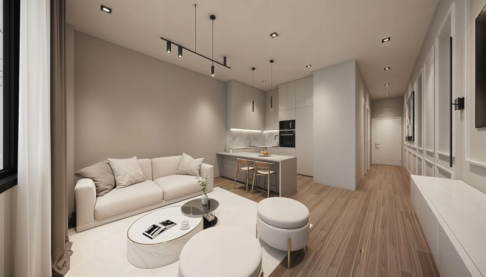 Una cocina contemporánea diseñada con estilo y funcionalidad, que cuenta con electrodomésticos de alta gama y una distribución inteligente y eficiente.