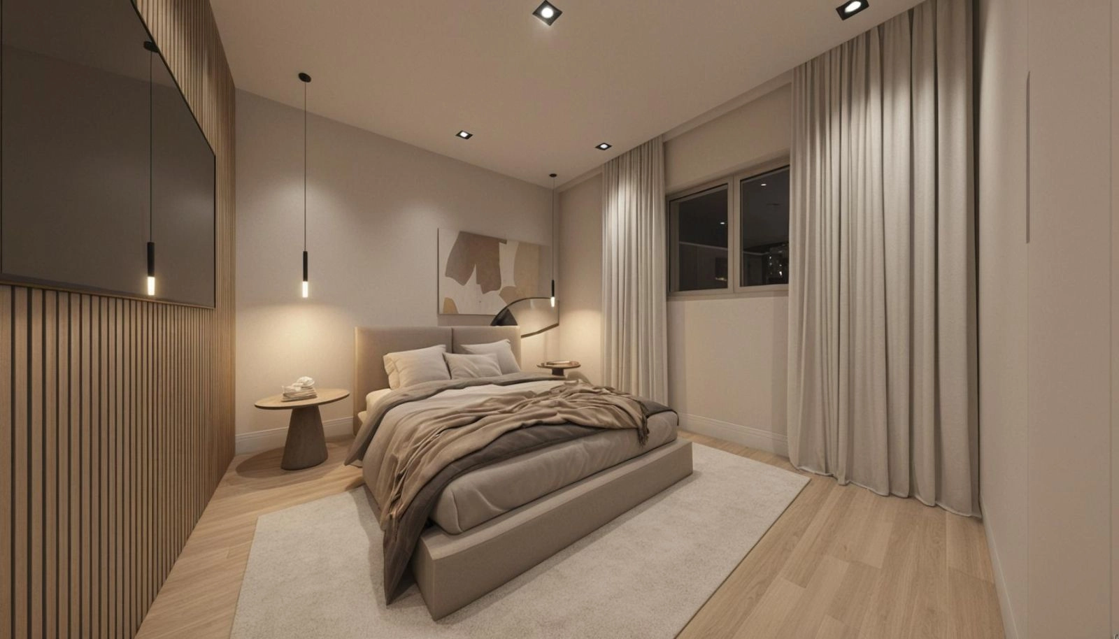 El dormitorio principal es un santuario privado, con materiales refinados y una serena paleta de colores que invita al descanso y la relajación.