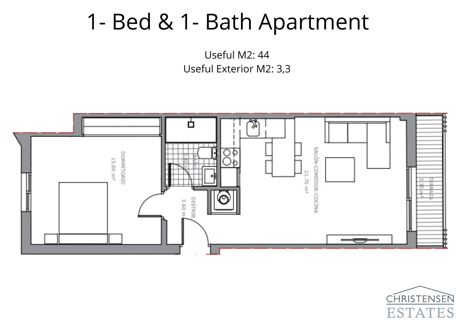 Esta distribución de apartamento de un dormitorio ofrece un diseño eficiente y abierto, conectando armoniosamente la zona de estar con el espacio exterior.
