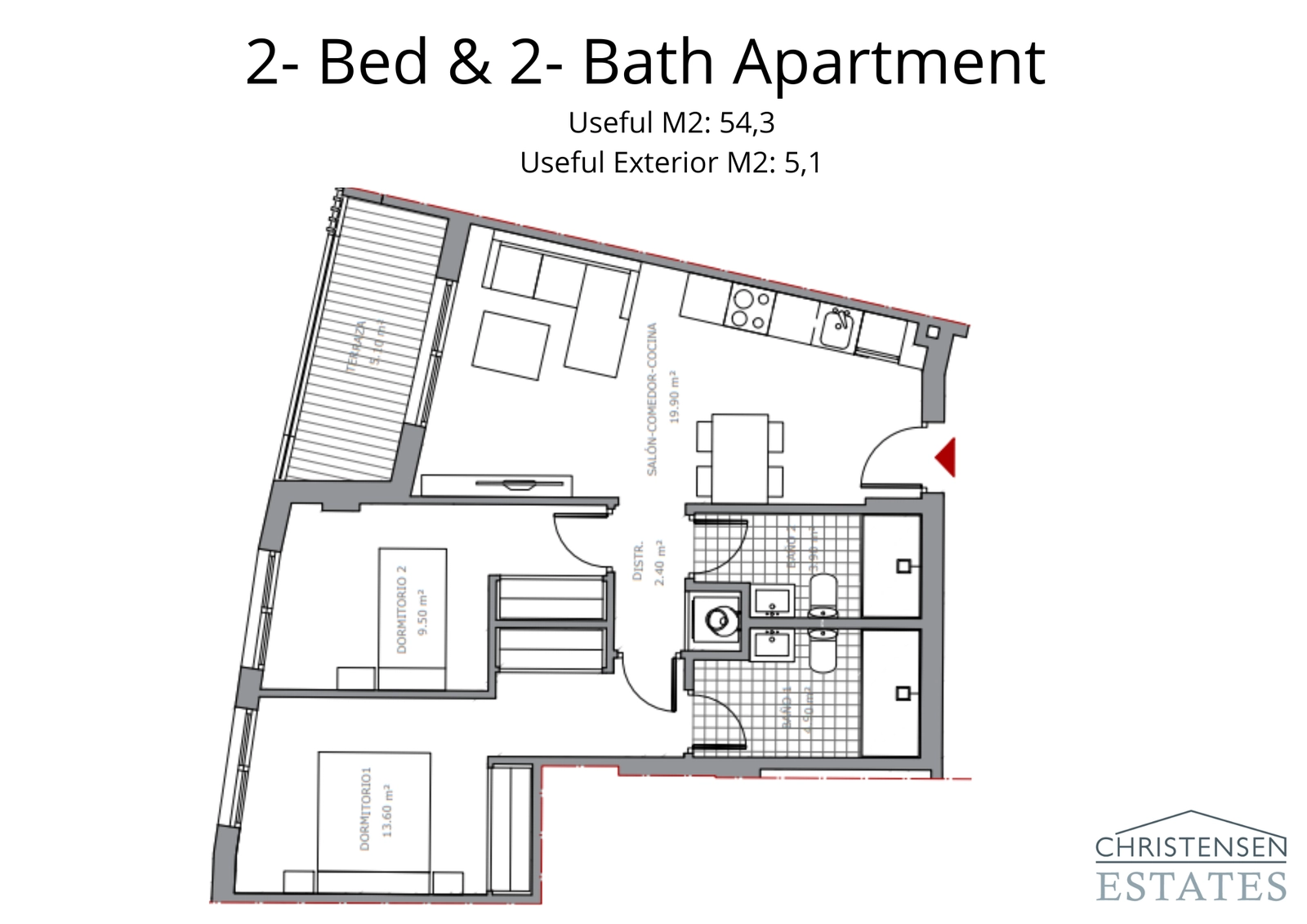 El plano del apartamento de dos dormitorios proporciona una clara separación entre las zonas de día y de noche, maximizando el confort y la funcionalidad para los residentes.