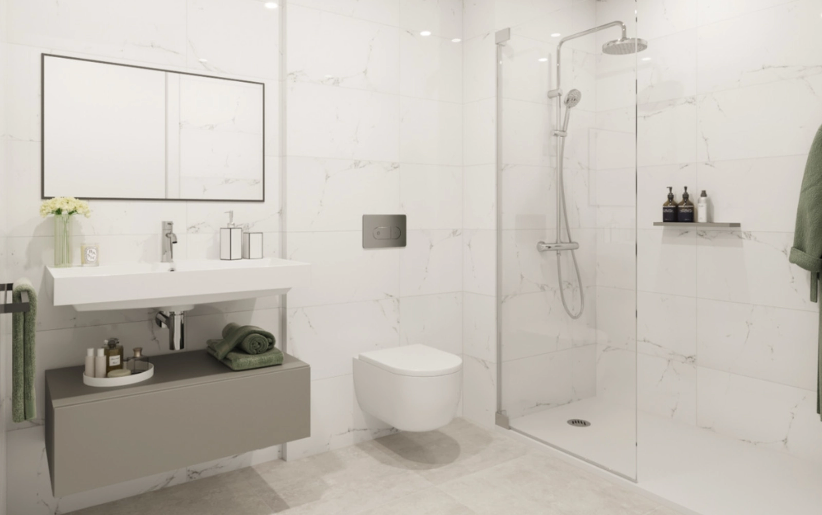 Un baño elegante y moderno con acabados de alta calidad y una espaciosa ducha a ras de suelo.