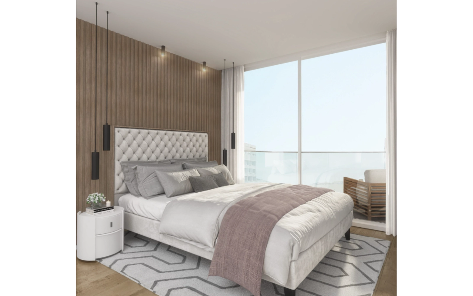 Un dormitorio elegante y confortable con grandes ventanales que dan a una terraza.