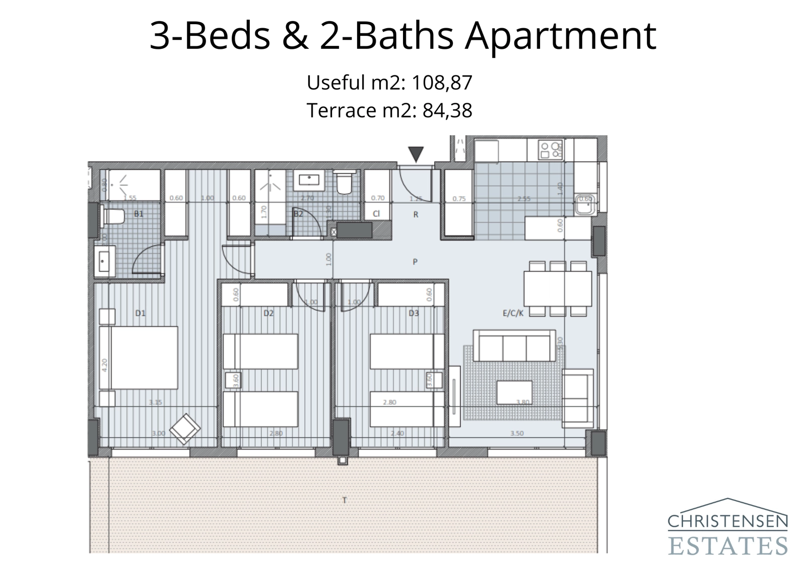 Este plano de piso de tres dormitorios cuenta con una espaciosa sala de estar y cocina que se abre a una amplia terraza, ideal para un estilo de vida interior-exterior.