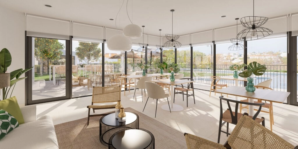 La sala social-gourmet es un espacio elegante y cómodo para que los residentes se reúnan, trabajen o celebren con amigos y familiares.