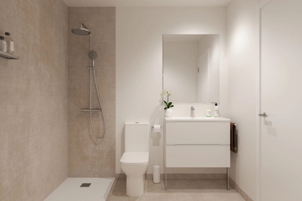 Un baño elegante y contemporáneo con accesorios de alta calidad y un diseño limpio y minimalista.