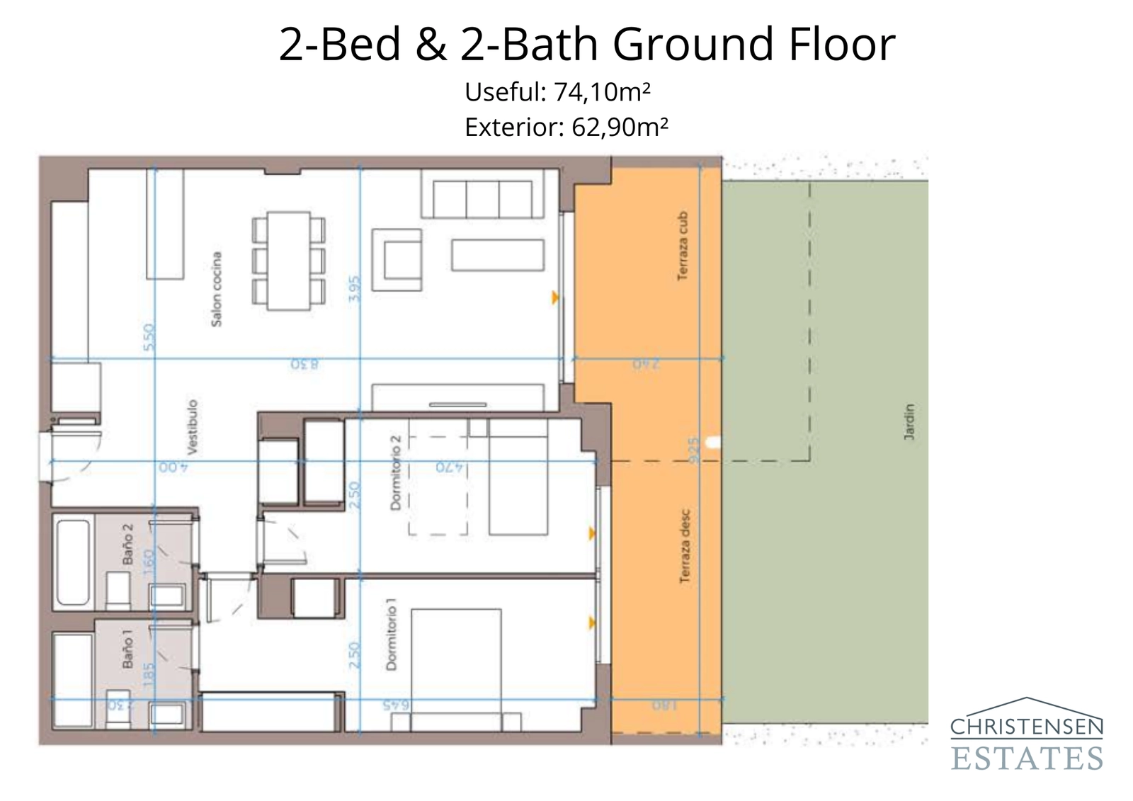 Esta distribución de piso en planta baja de dos dormitorios muestra un diseño inteligente que maximiza el espacio y la luz, conectando la zona de estar con una amplia terraza y un jardín privado para una vida fluida entre interior y exterior.