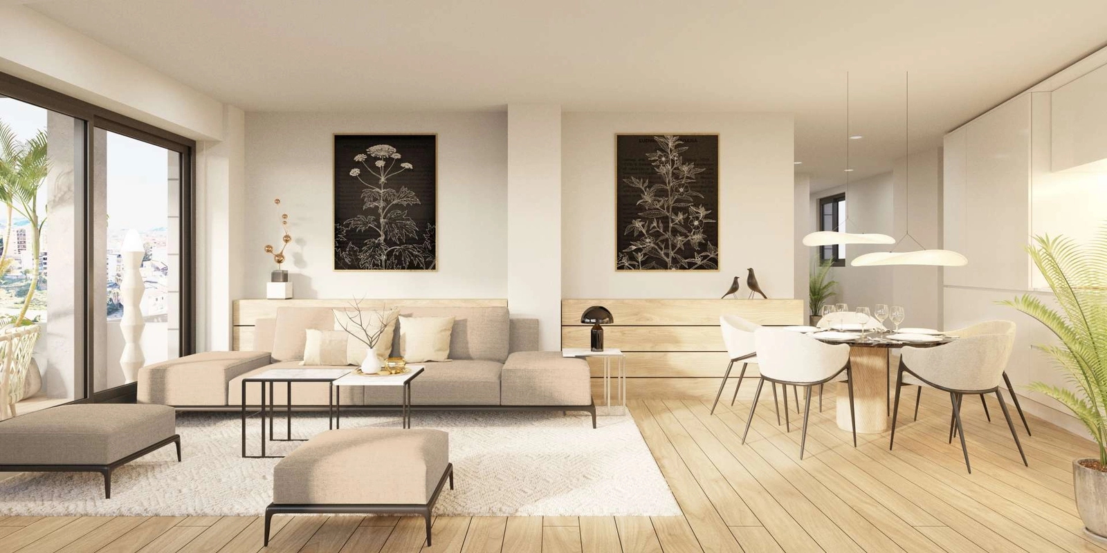 Otra vista del sofisticado salón, que muestra la atención al detalle y la luz natural.